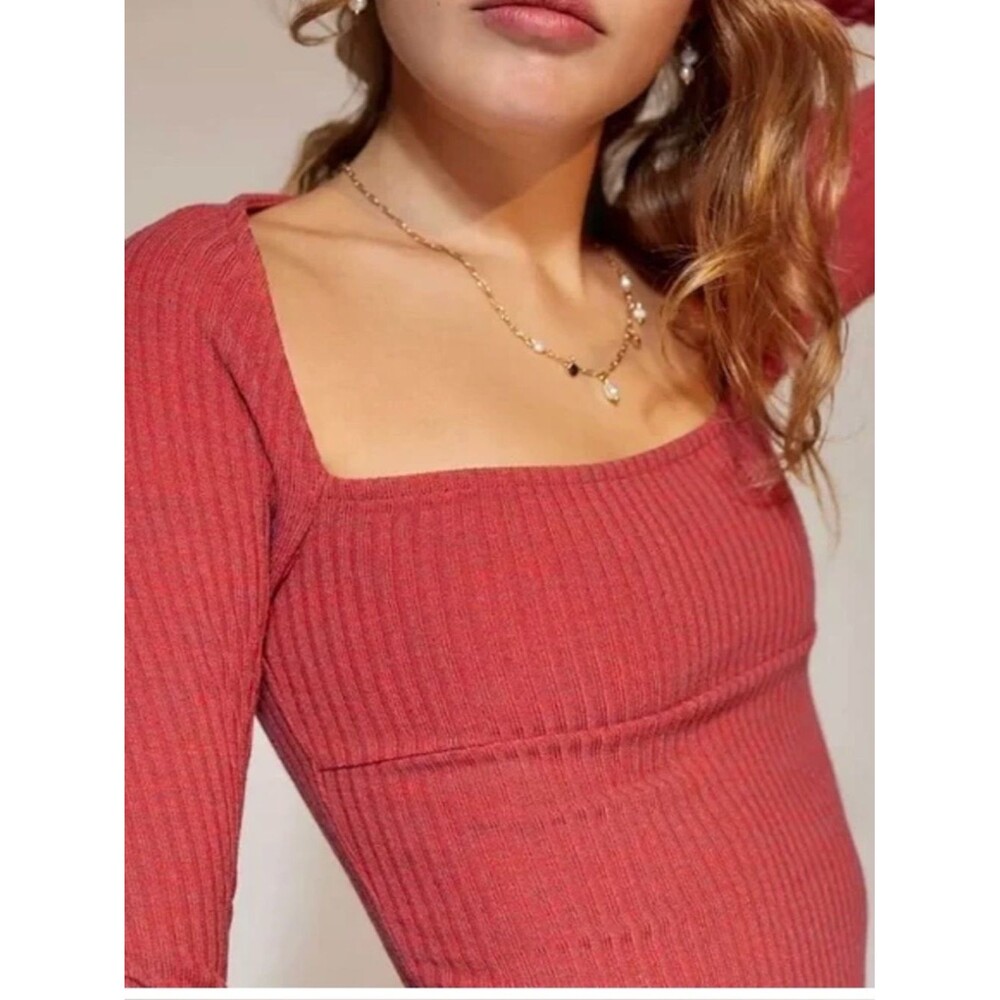 Urban Outfitters Orla Top Rust Ribbed Long Sleeve Square Neck Top